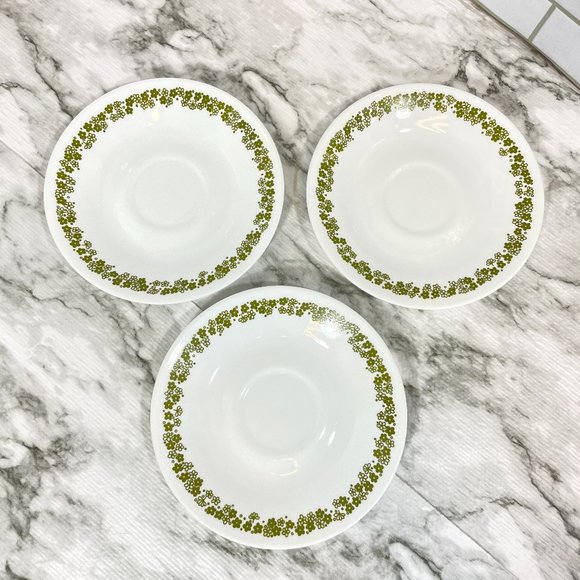 Vintage 1970's Corelle Spring Blossom Green Crazy Daisy Saucers Set of 3 - Picture 1 of 3